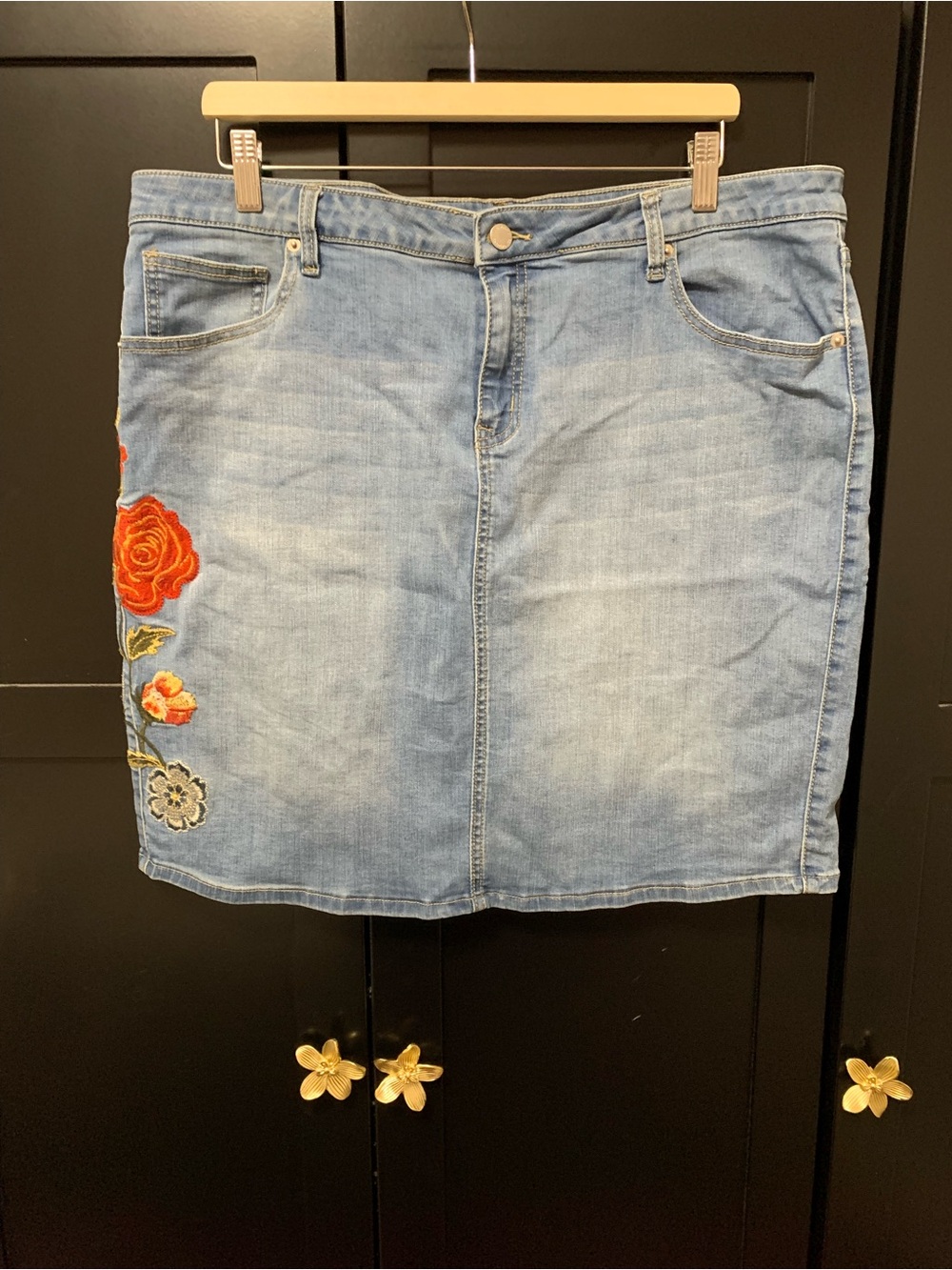 Westport Denim Mini Skirt Red Floral Embroidery bohemian casual